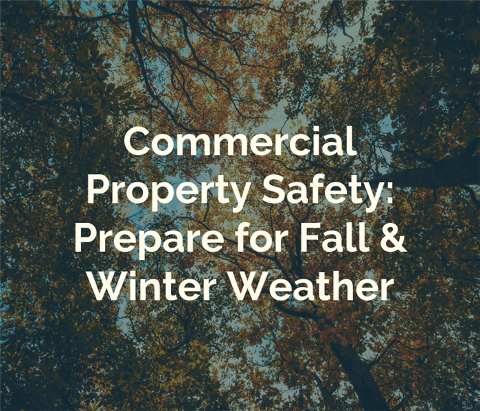 A sunny day with fall color trees with the description "Commercial Property Safety: Prepare for Fall & Winter Weather